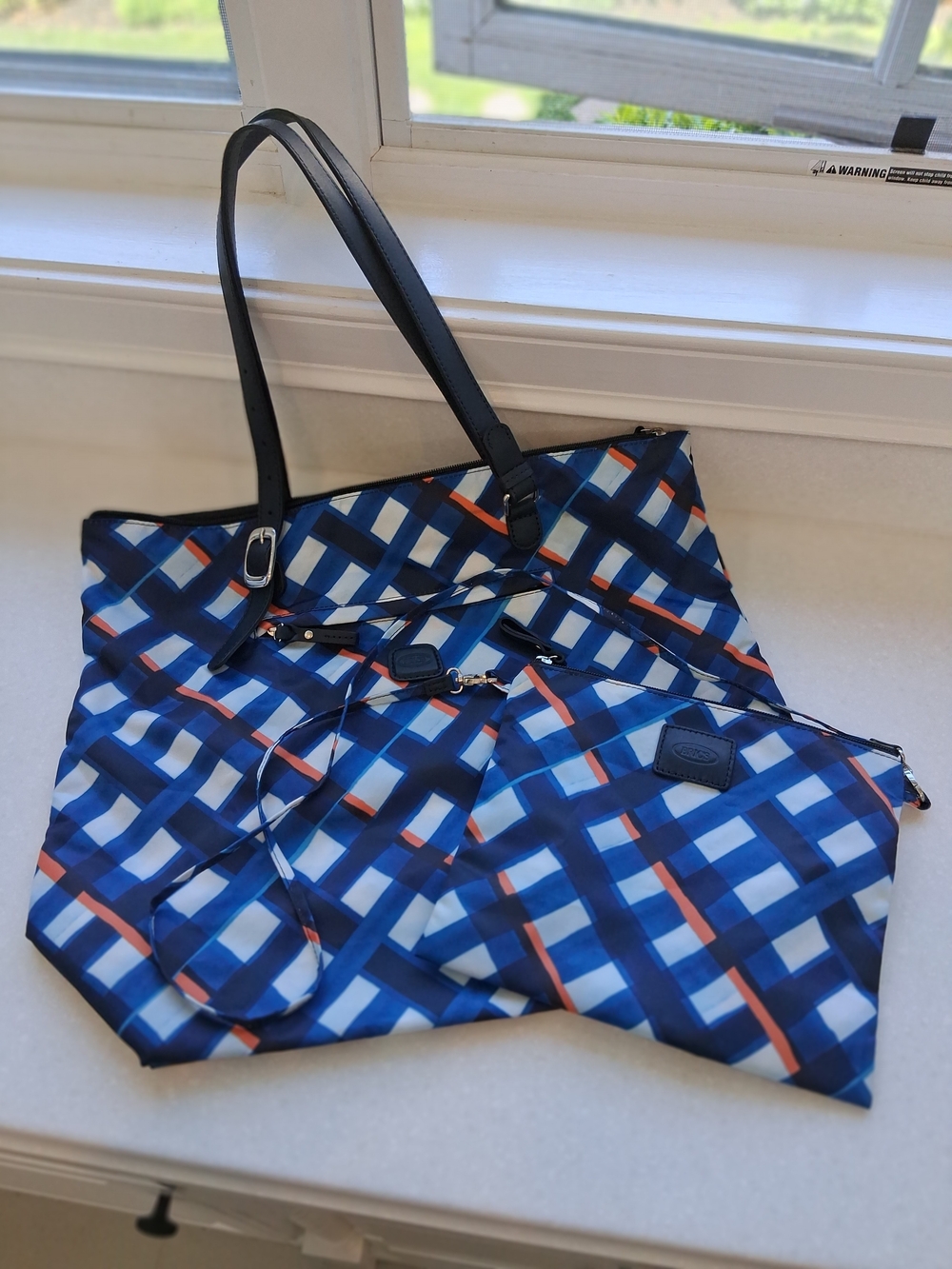 Bric's Blue Geometric Plaid Travel Tote with Matching Pouch